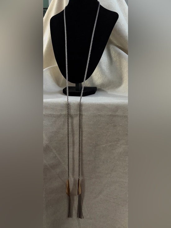 Jewelry - Long Silver Tassel Lariat Necklace with Gold Accents